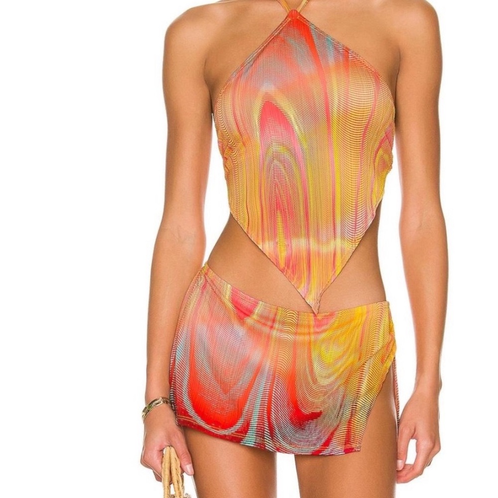 Frankie's Bikinis micro skirt with build in bikini bottom & halter matching top